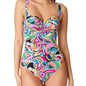 Bleu Rod Beattie Paisley Floral Print Shirred Bandeau One Piece Swimsuit size 6